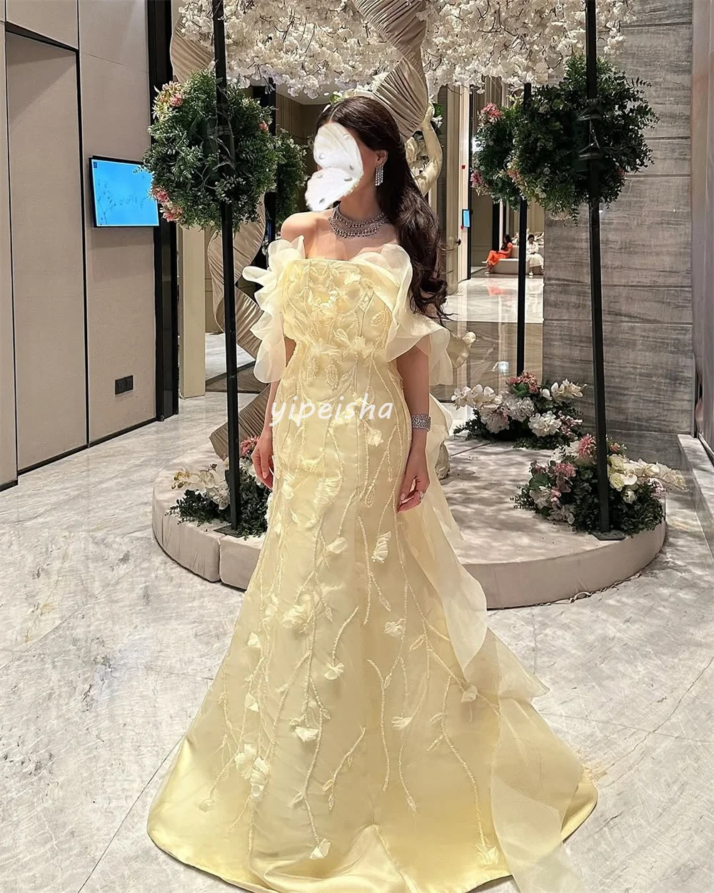 カスタマイズされた高品質マッチングシャルムーズ手作りフラワープリーツ A ラインストラップレスロングドレスオーダーメイドオケージョンドレスエレガント