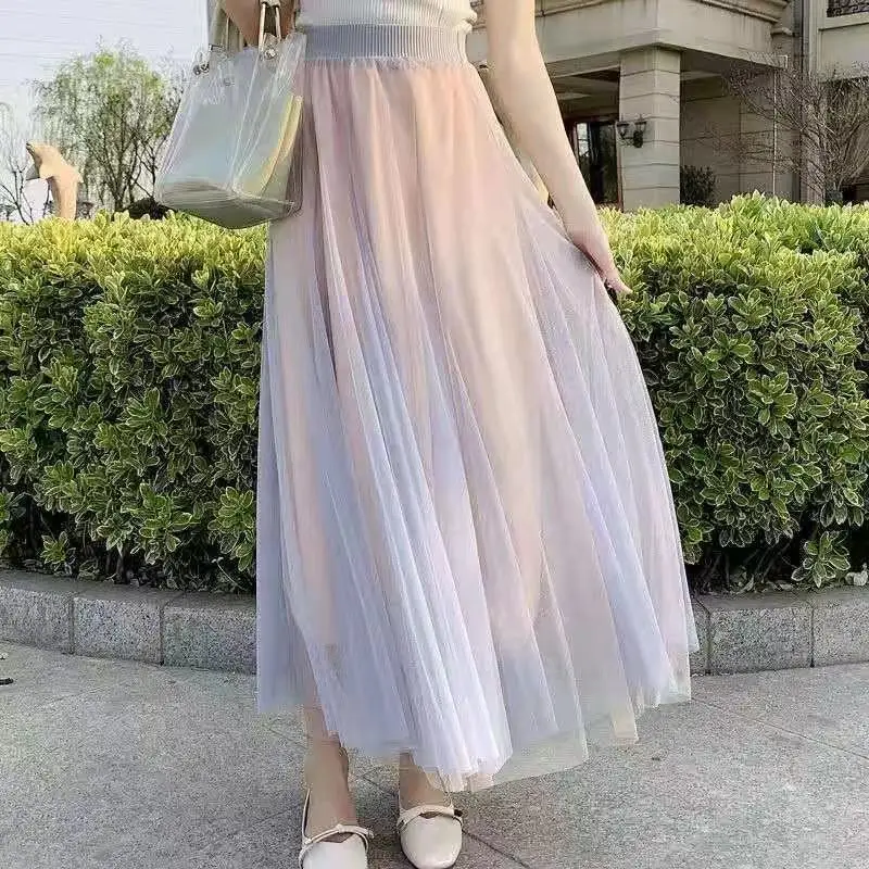 2022 Spring Summer New Vintage Office Lady Tulle A-line Skirt Women Elastic High Waist Mesh Pleated Long Skirt Female Streetwear