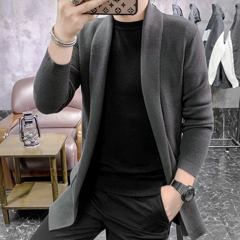 Autumn Men's Long Trench Coat Korean Version Sweater Unbuttoned Solid Color British Cape Youth Casual Sweater Coat