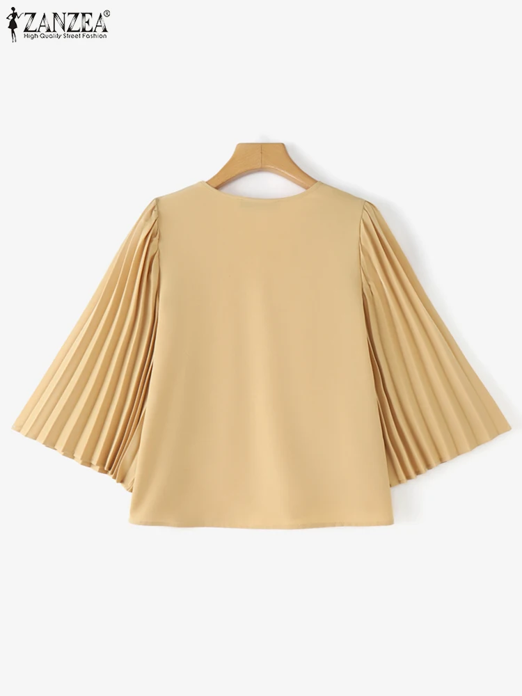 ZANZEA Women Blouses 2025 Summer 3/4 Sleeve Pleated Shirts Solid Color Sexy V-Neck Casual Loose Tunic Tops Fashion Elegant Blusa