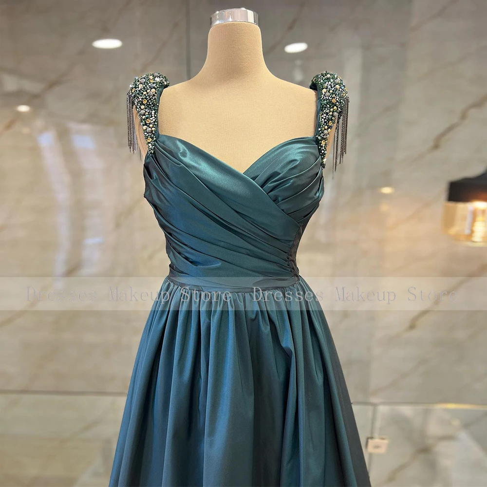 Robe de Soirée en Satin avec Poches pour Femme, Tenue de Bal Luxueuse avec Perles en Clip et Pompon, Dos aux, Ligne A