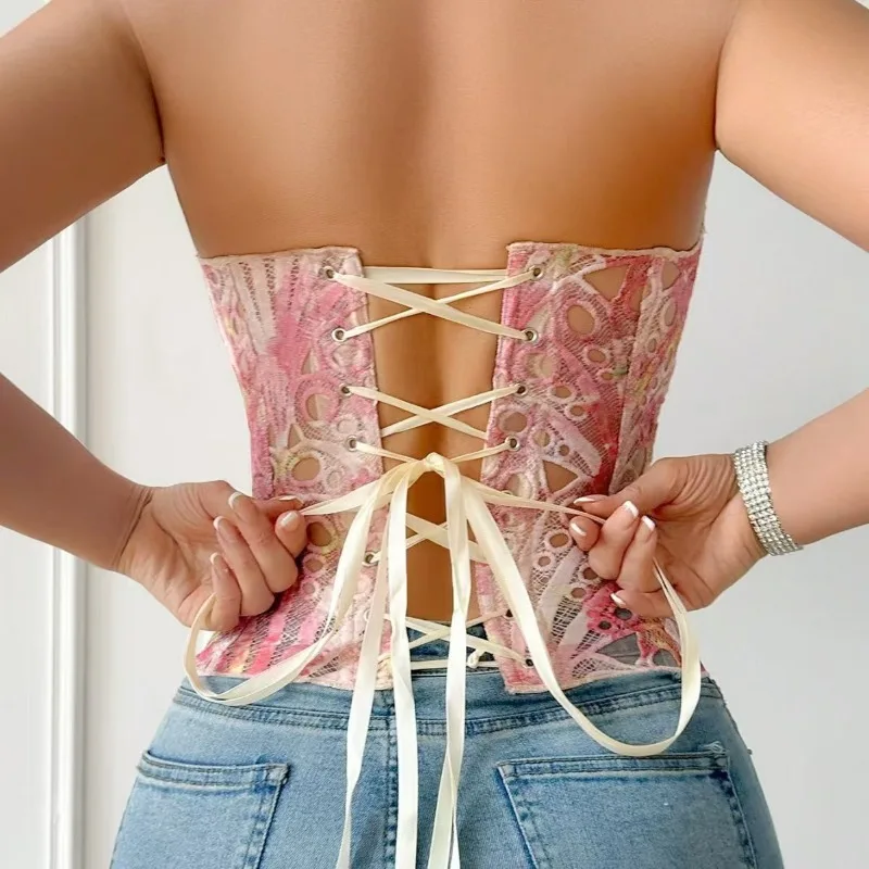 Women Strapless Hollow Floral Corset Top Sweet Waist Shaping Bustier Daily Party Crop Top