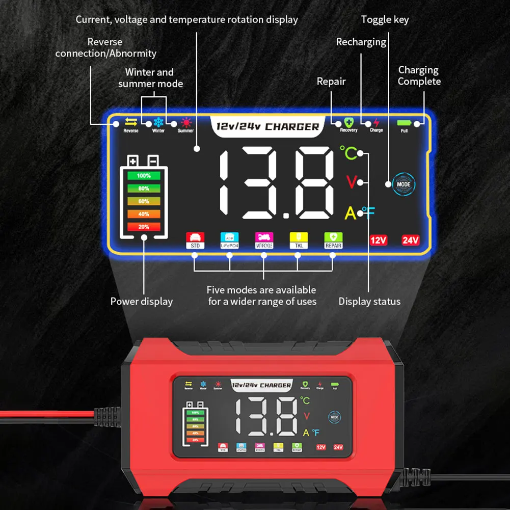 Car Battery Charger 2v15a/24v8a Battery Chargers Small Portable Fully Automatic Charger With Lcd Screen For Motorcycle view 3
