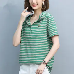 Spring Summer Short Sleeve Hooded Pullover T-shirt Women's Casual Stripe Button Fashion Loose Commuter Elegant Aesthet Tops