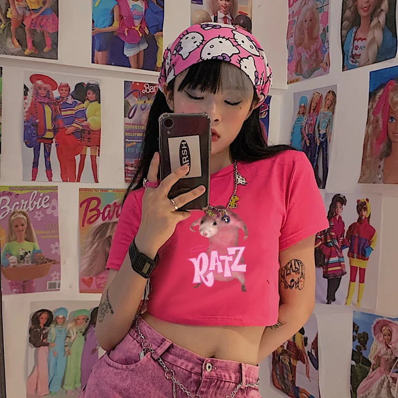 RATZ-T-Shirt à Manches Courtes pour Femme, Estival et Gothique, Vêtement Streetwear, avec Souris, Kawaii, Harajuku, Y2K