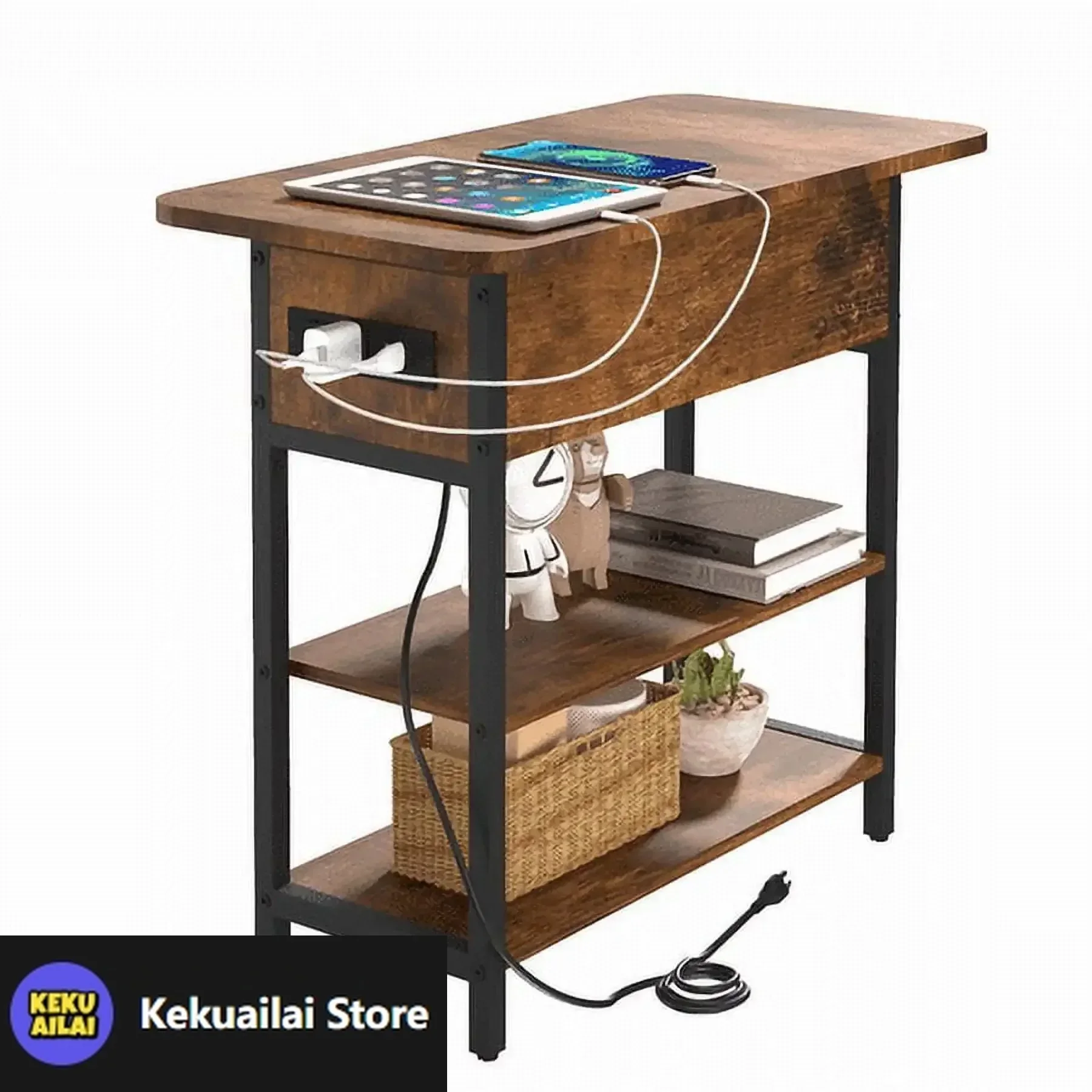

End Table with Charging Station, Flip Top Side Table with USB Ports and Outlets, Nightstand Bedside Table Living Room Bedroom