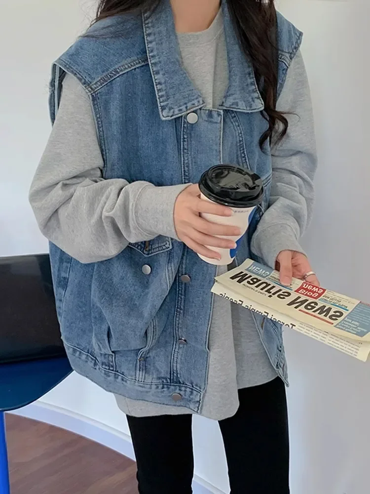 

Blue Loose Workwear Denim Jacket Women'S Korean Retro College Style Unisex Versatile Jacket Top