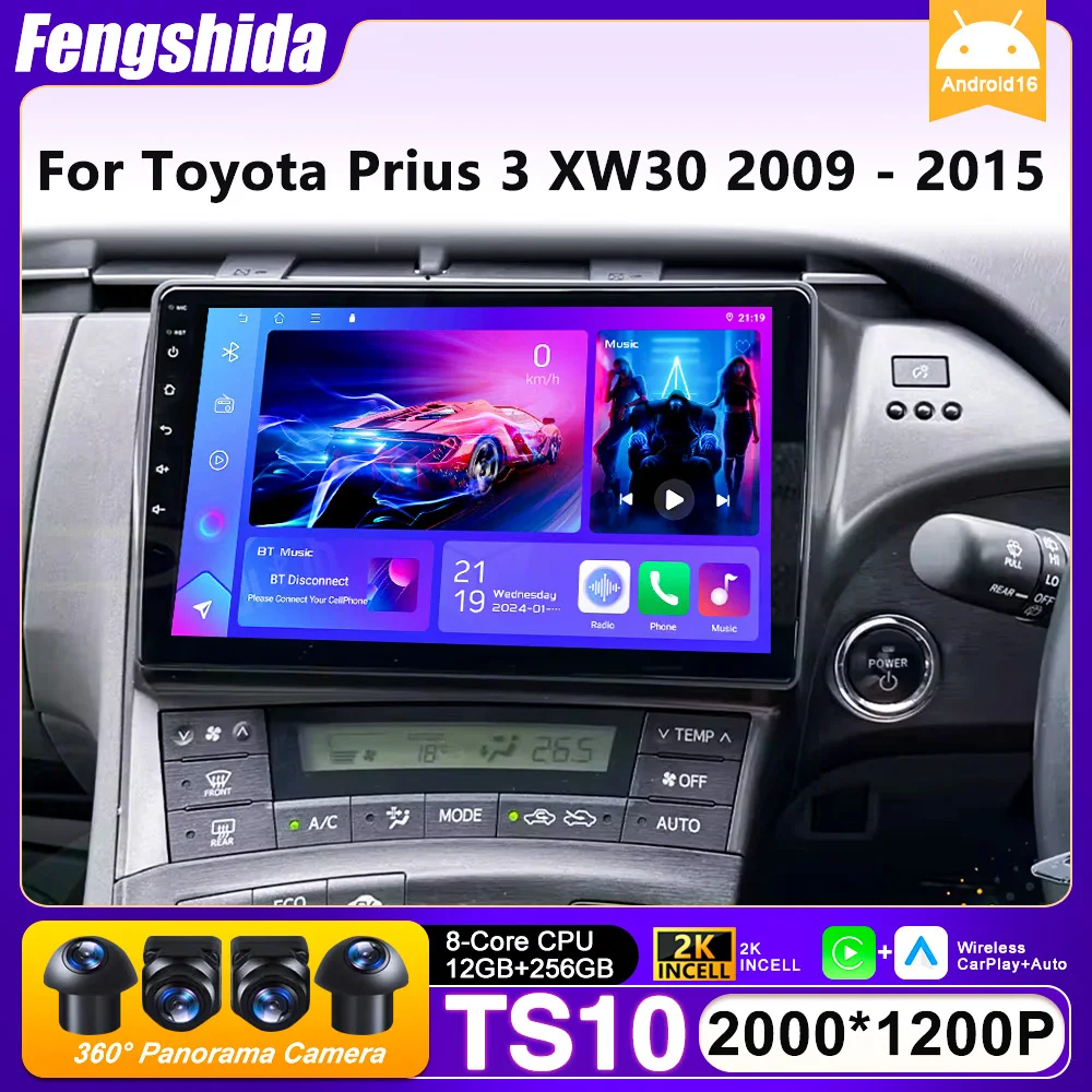 Android 16 Car Radio For Toyota Prius 3 XW30 2009 - 2015 Right Hand Driver GPS Navigation Android Auto Carplay Wifi 4G No 2din