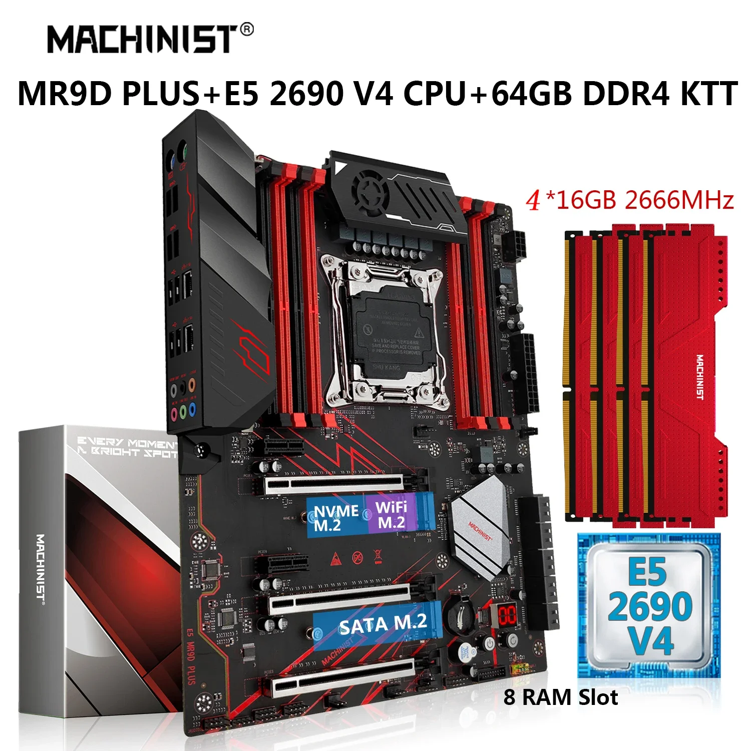 

MACHINIST MR9D X99 Motherboard Combo E5 2690 V4 CPU Kit Xeon Processor LGA 2011-3 64G DDR4 2666MHz Memory WIFI NVME M.2 USB3.0