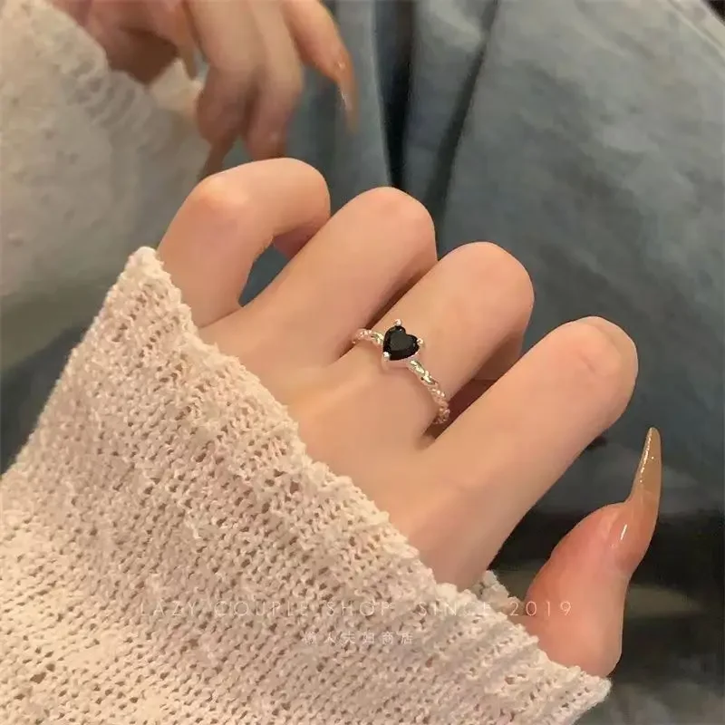 Inlaid Black Zircon Heart-shaped Rings Women Silver Color Adjustable Opening Trendy Female Index Finger Ring Teen Jewelry Gifts