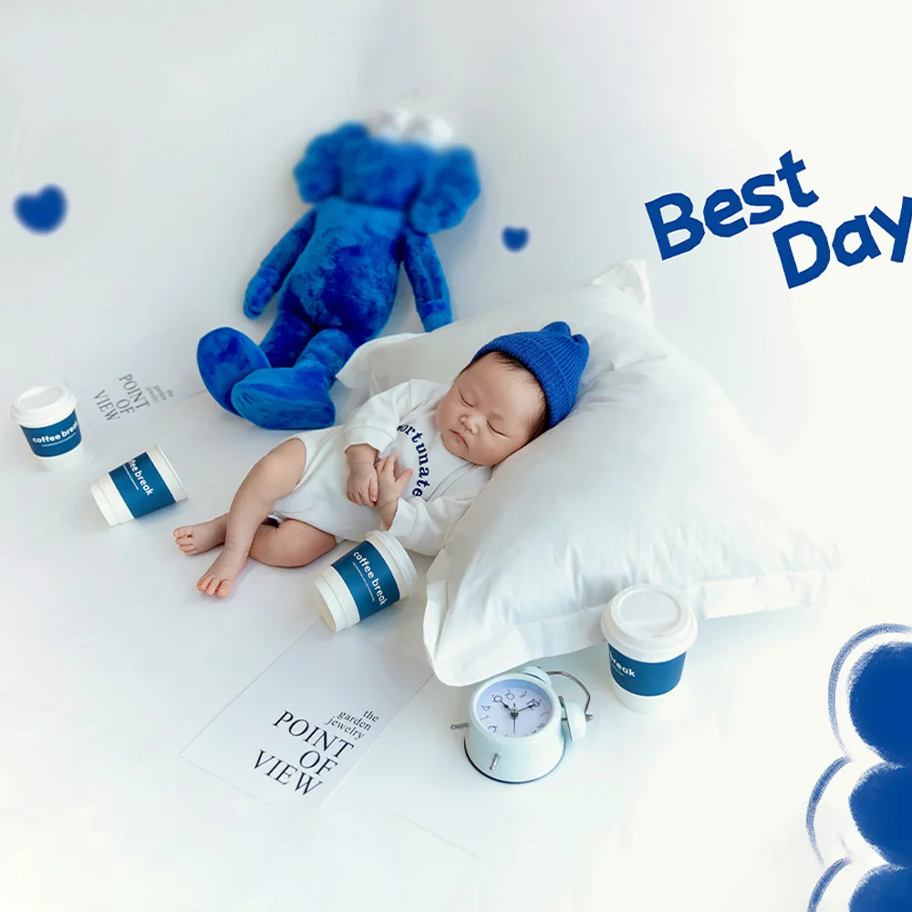 0 Month Newborn Baby Bodysuit Knitted Hat Babies Clothes Studio Photography Outfits Blue Doll Coffee Cup Photo Decoration Props