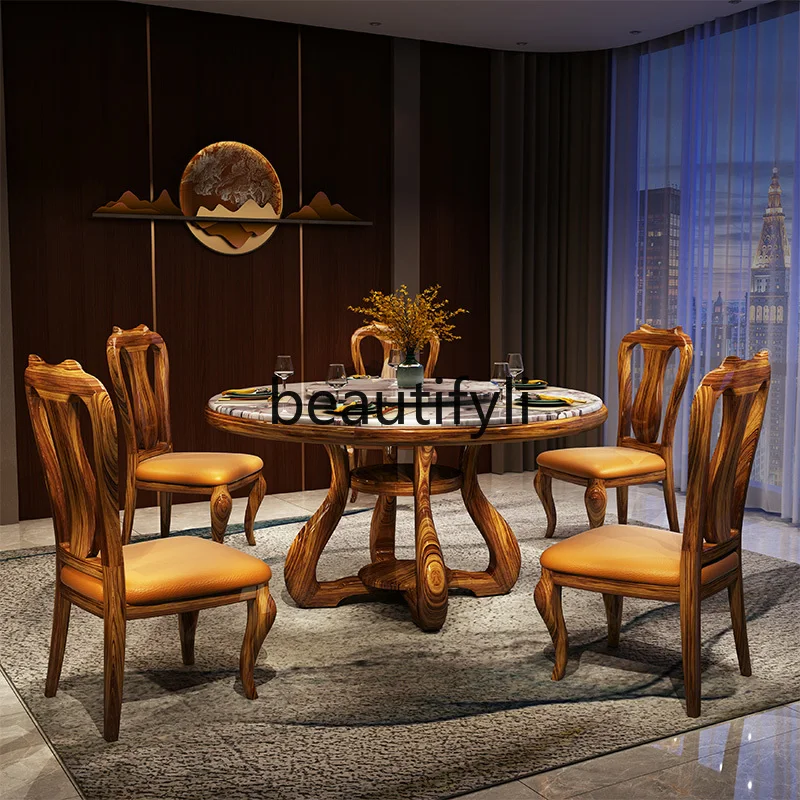 New Chinese marble home dining table modern turntable table solid wood dining table and chairs