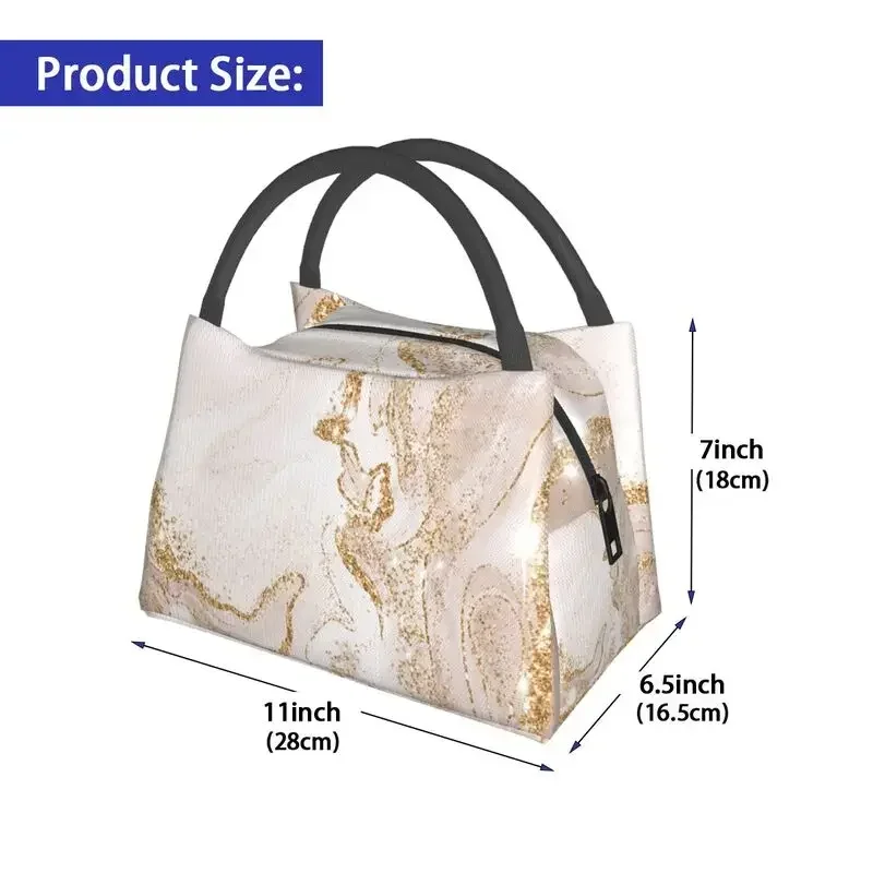 Marble Geometric Pattern Insulated Lunch Bags for Work Office Gold And Cream  Waterproof Thermal Cooler  Box Women image 3
