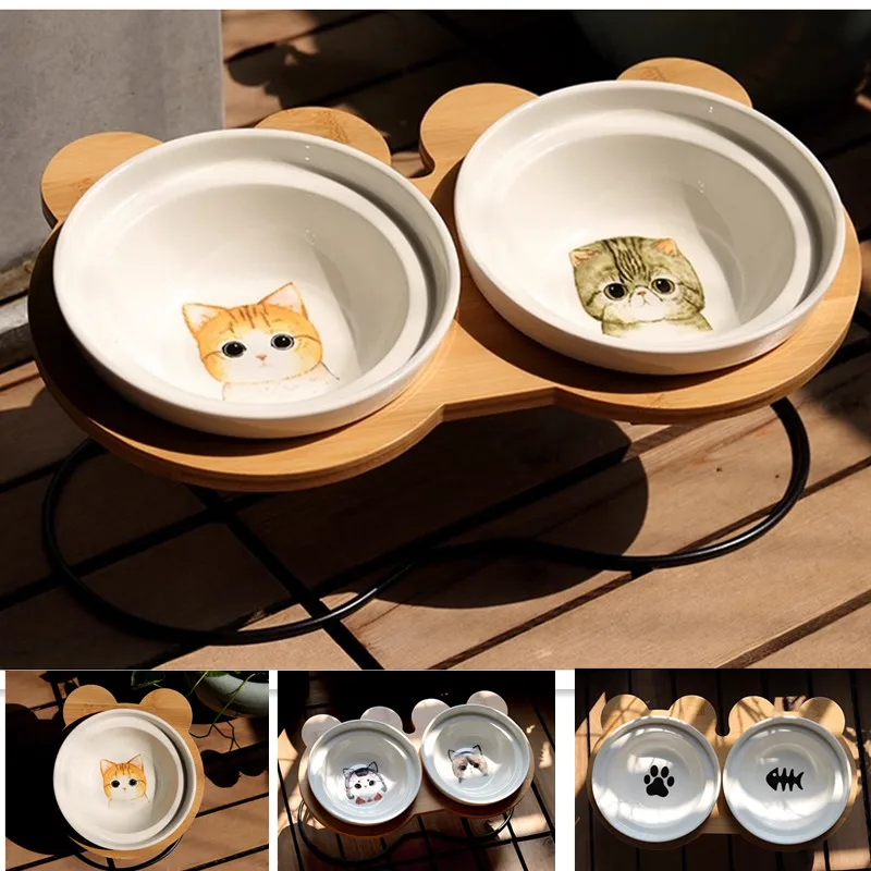 

High-end Pet Bowl Bamboo Shelf Ceramic Cat Feeding and Drinking Bowls Cute Dog Bowl Pet Feeder Accessories