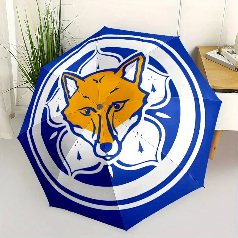 1 Paraguas Automático de Fútbol del Leicester City - Ligero, Retráctil, con 8 Varillas, Estructura de Hierro Resistente, Diseño de Zorro con Azul y...