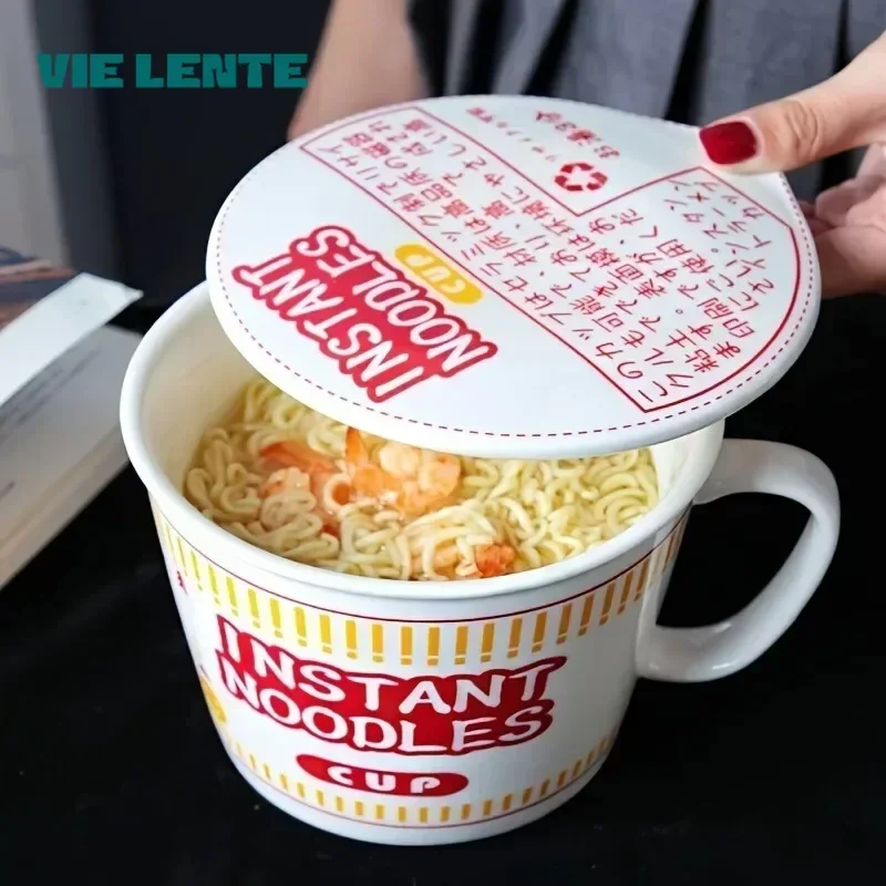 1pc Large Capacity Ceramic Instant Noodle Bowl with Cover，Perfect for Dorms and Home Kitchens - Keep Your Noodles Fresh and Warm