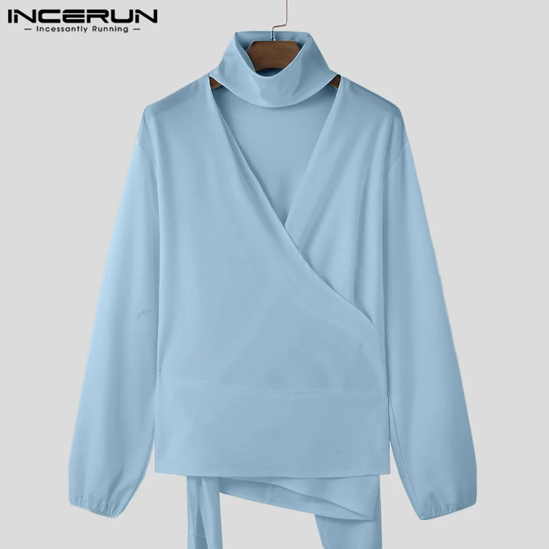 2026 INCERUN Men's Shirt Solid Color Long Sleeve Tops Casual Deep V-neck Shirts Sexy Hollow Out Irregular Patchwork Men Clothes