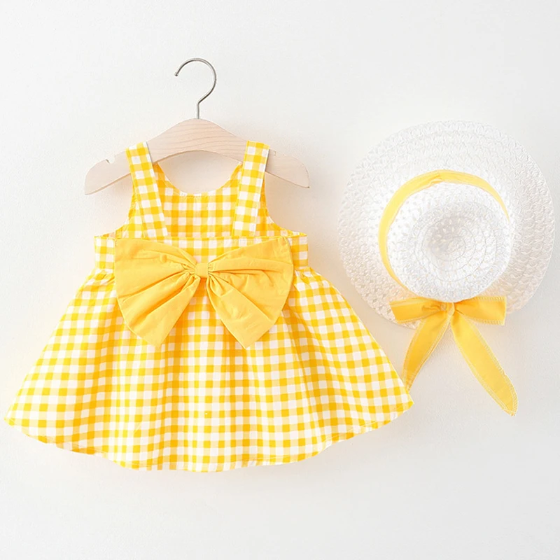 

2Piece Summer Toddler Girls Dresses Korean Cute Plaid Sleeveless Cotton Big Bow Yellow Dress+Sunhat Newborn Baby Clothes BC003