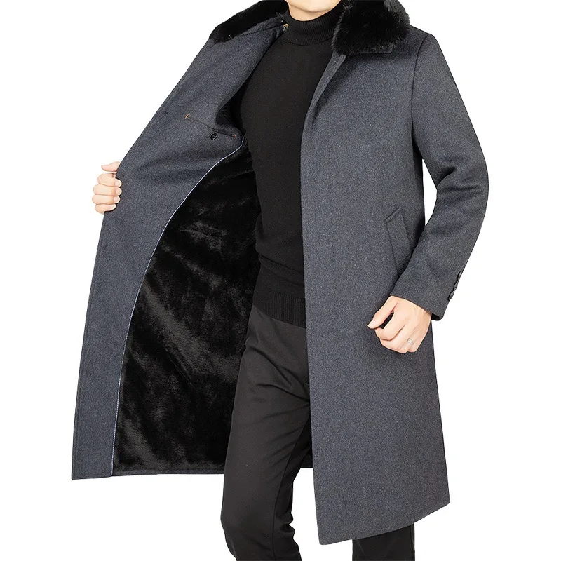 New Winter Men Fleece Fur Collar Woollen Overcoats Cashmere Long Jackets Trench Coats Quality Male Thicker Warm Coat Wool Blends