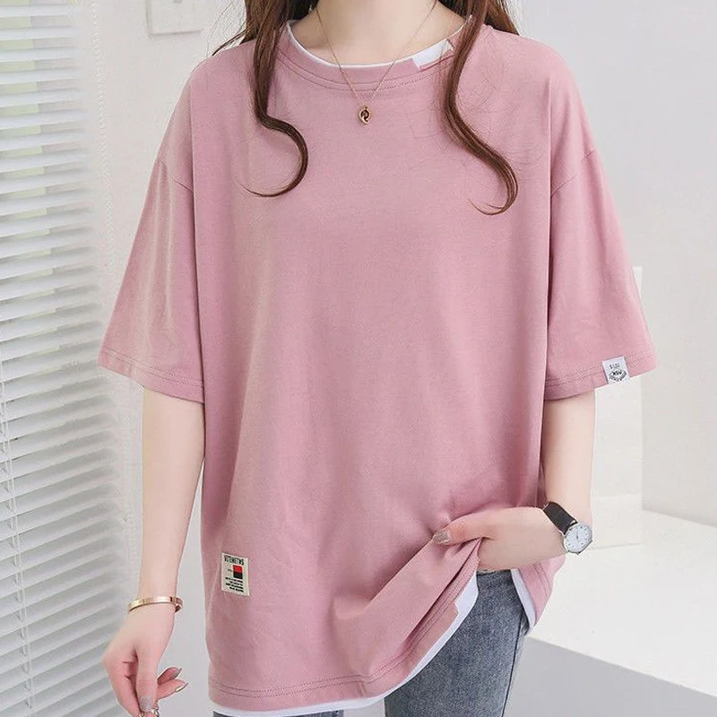 

Women's Clothing Fashion Straight Loose Casual Pullovers Short Sleeve Simplicity Handsome Patchwork Neutral Round Neck T-Shirts