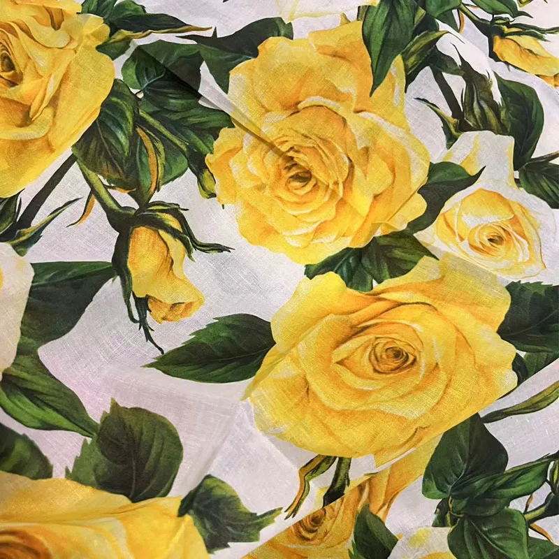 Yellow Rose Flower Digital Printed Cotton Or Chiffon Fabric For Dress Blouse Tissus Au Mètre Telas Para Vestidos DIY Cloth
