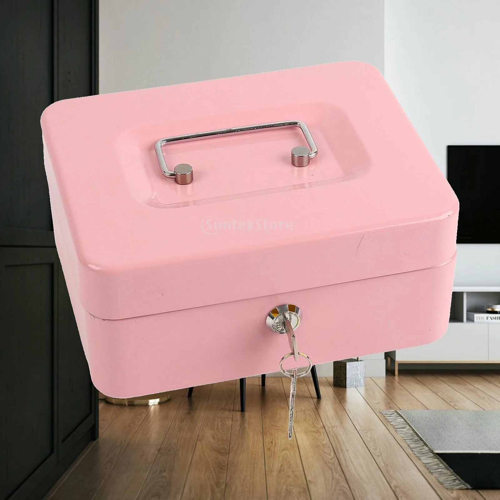 Modern Metal Cash Box for Money Storage with Key Lock Treasure Chest Decor for Living Room Shelf