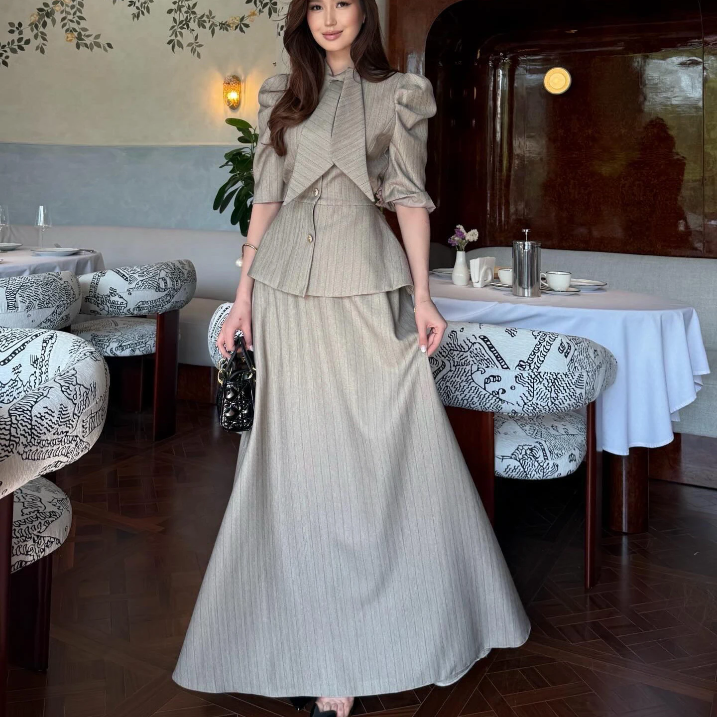 

Luxury Modest Abaya Suit, Grey Vertical Stripe Peplum Blouse & Long A-Line Skirt 2026 New Arrival