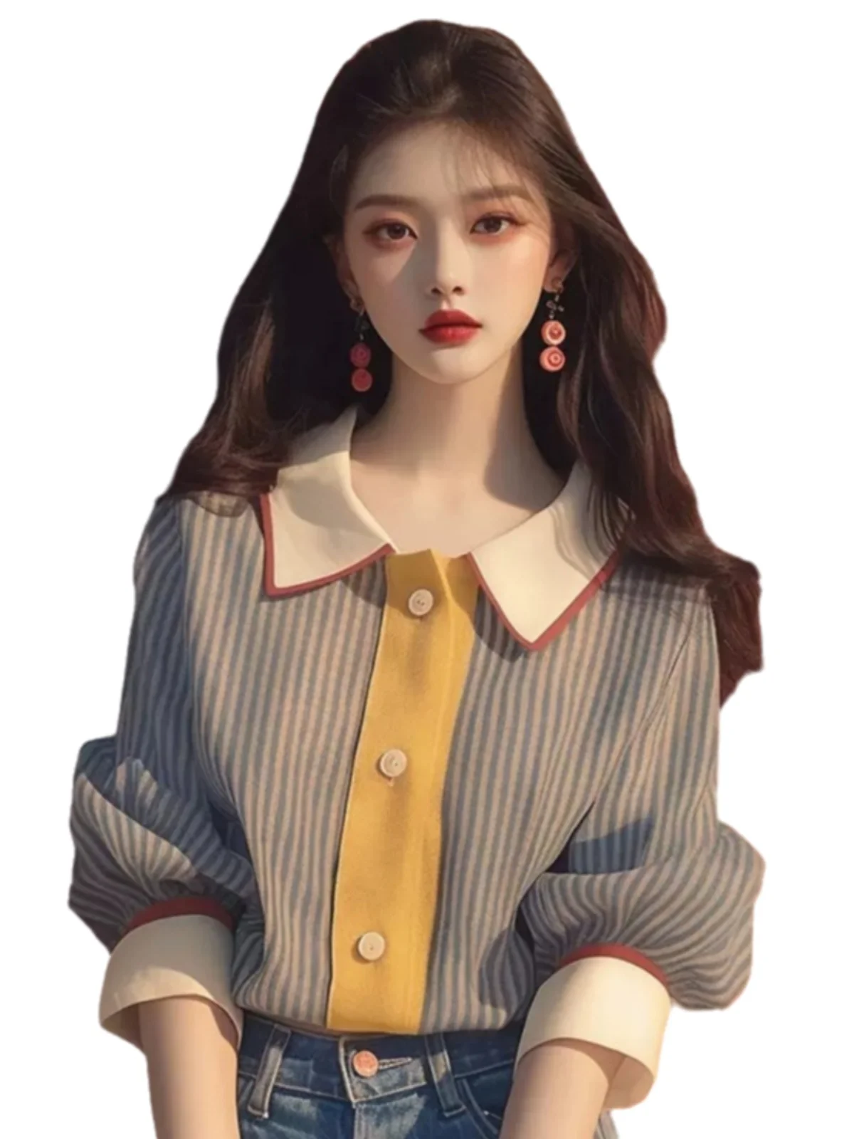 Top da donna con vestibilità ampia a righe irt Design Sense Inizio autunno Sensazione di fascia alta Plaid Colletto ribaltabile Protezione solare Top Vintage Sle