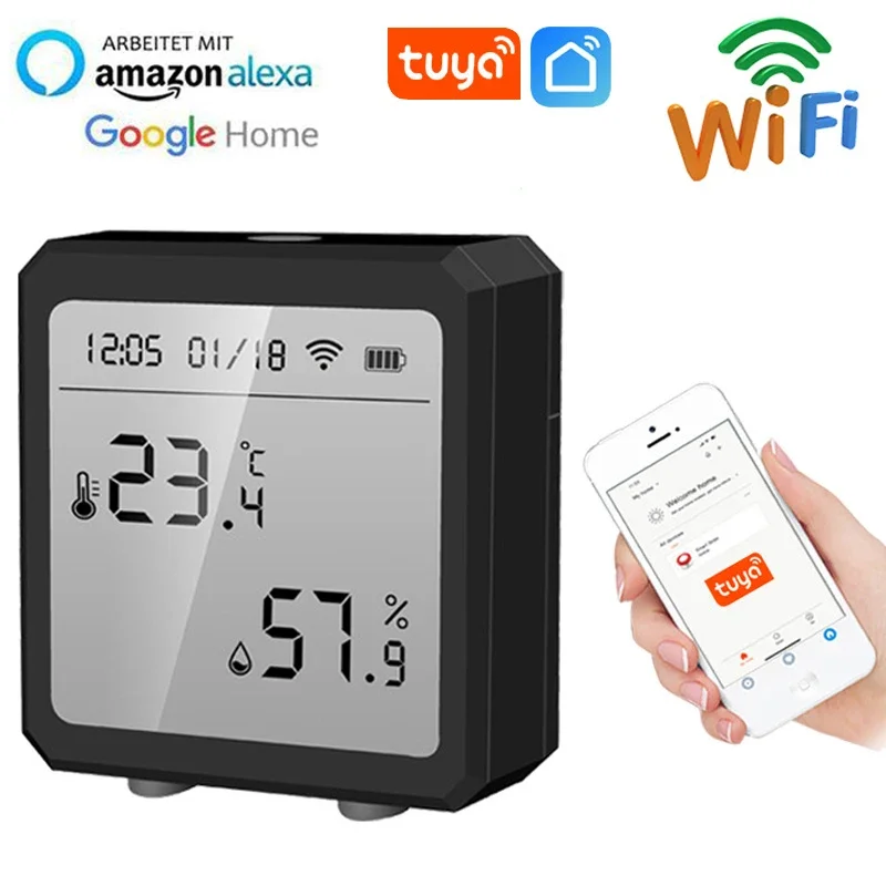 Tuya Smart Thermometer WIFI Temperature Humidity Sensor Indoor Hygrometer Table Clock LCD Display Support Alexa Google Assistant