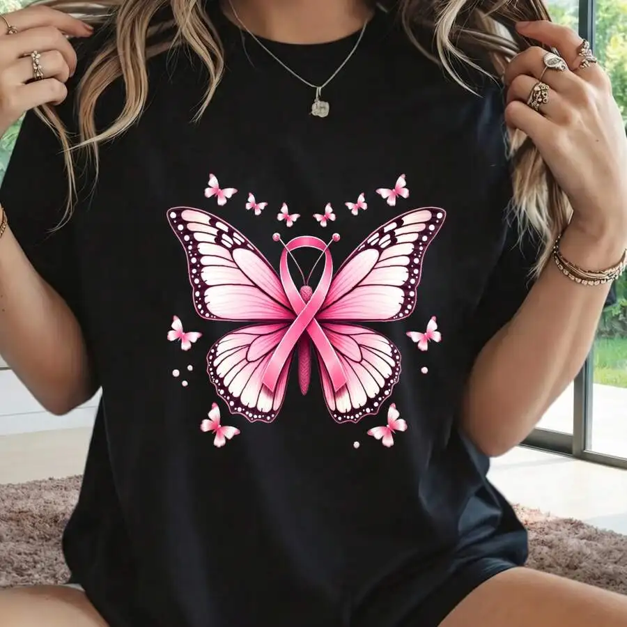 Women Casual Graphic T‑Shirt Pink Butterfly Breast Cancer Awareness Ribbon Print Short Sleeve Spring Summer Outfit Meaningful Gift For Mom Wife Sister Ladies Tops