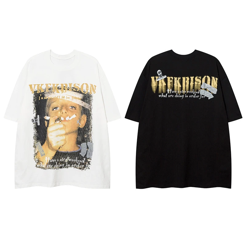 الأمريكية الرجعية الهيب هوب الأطفال المطبوعة قصيرة الأكمام تي شيرت للرجال Ins الشارع القوطية فضفاض Y2k الجولة الرقبة القطن زوجين القمم #2