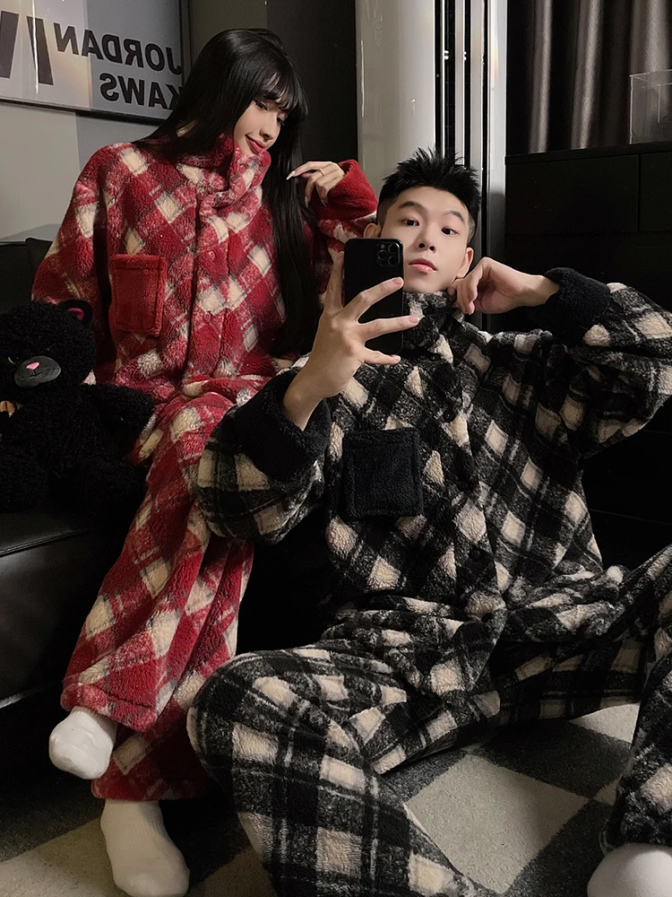 DAIMELU بيجامات رجالي بأكمام طويلة ملابس نوم شتوية من الصوف المرجاني سميكة مخملية للأولاد في سن المراهقة طقم ملابس نوم شتوية مقاس كبير