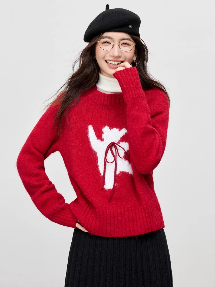 

SENTUBILA Sweater Woman Contrast Color Round Neck Bow Lace-up Pullovers 2025 Winter Casual Knit Loose Fit Female Tops W53EE3423