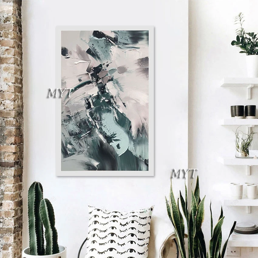 

Unframed Canvas Wall Art Decor Hand Painted Abstract Artwork Pure Handmade White Green Thick Acrylic Texture Knife Oil Painting