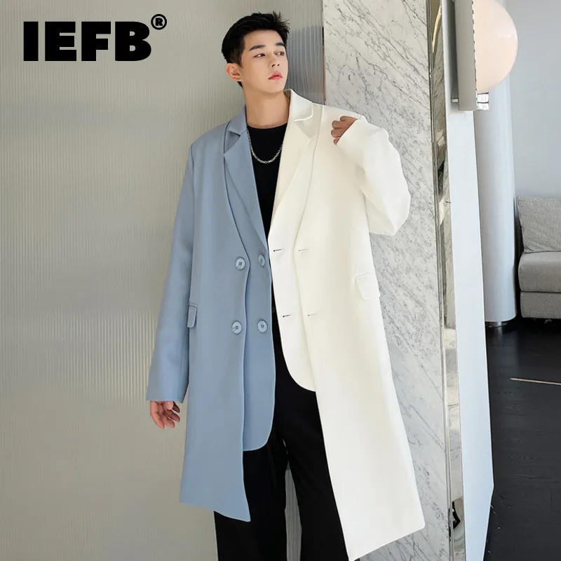 IEFB Niche Design Men's Windbreakers Casual Multi-layer Fake Two-piece Patchwork Contrast Color Male Trench New Autumn 9C8056