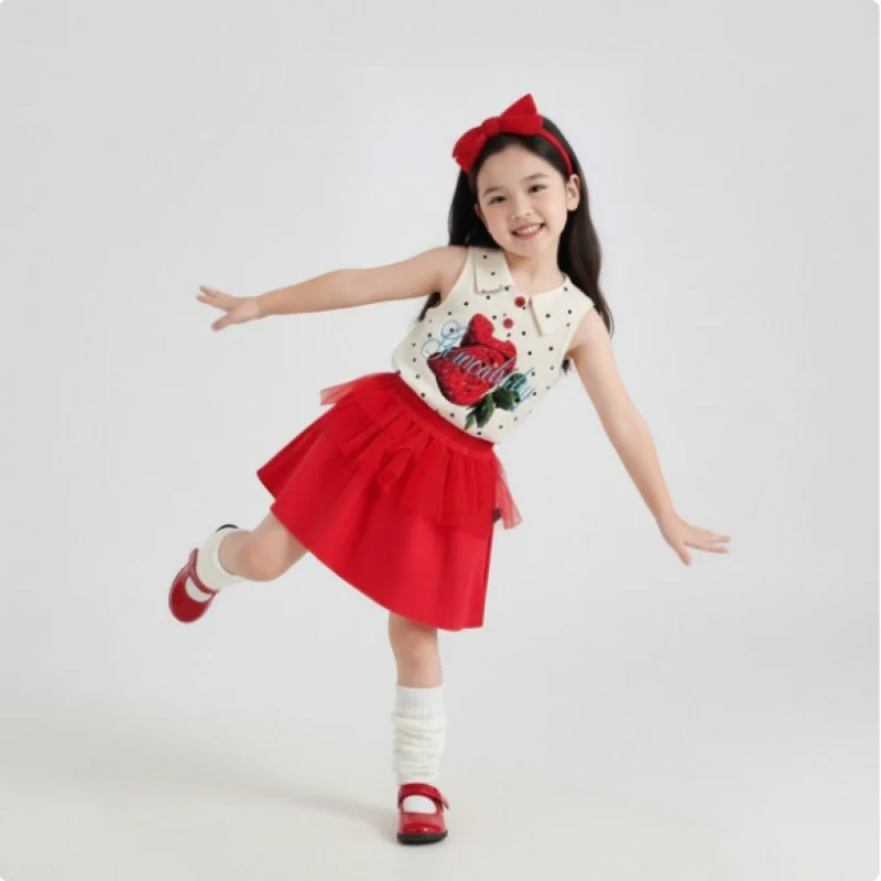 2026Girls' New Summer Sleeveless DressPoloPolka Dot Strawberry Top with Mesh Splicing Skirt Set