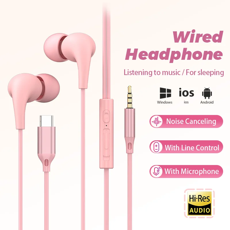 Auriculares con cable USB tipo C, auriculares intrauditivos estéreo de 3,5mm con micrófono con control por cable, tapones para los oídos para dormir, para Samsung, iPhone, Xiaomi