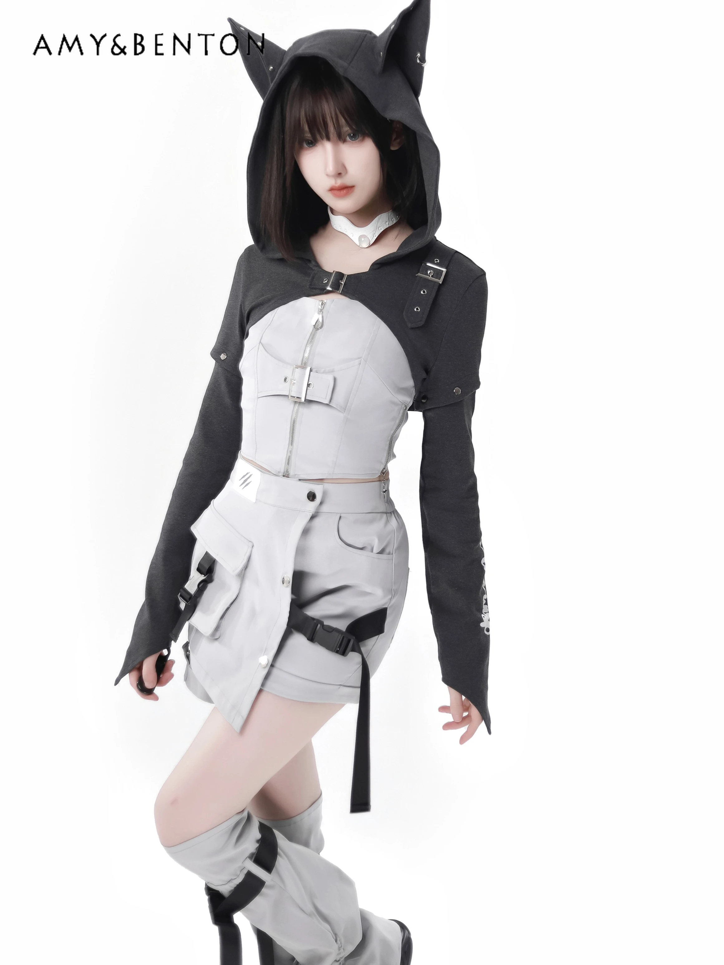 Original Street Hot Girl Sweet Removable Sleeve Hooded Jacket Sleeveless A-line Dress Subculture Two-Piece Sets Womens Outfits