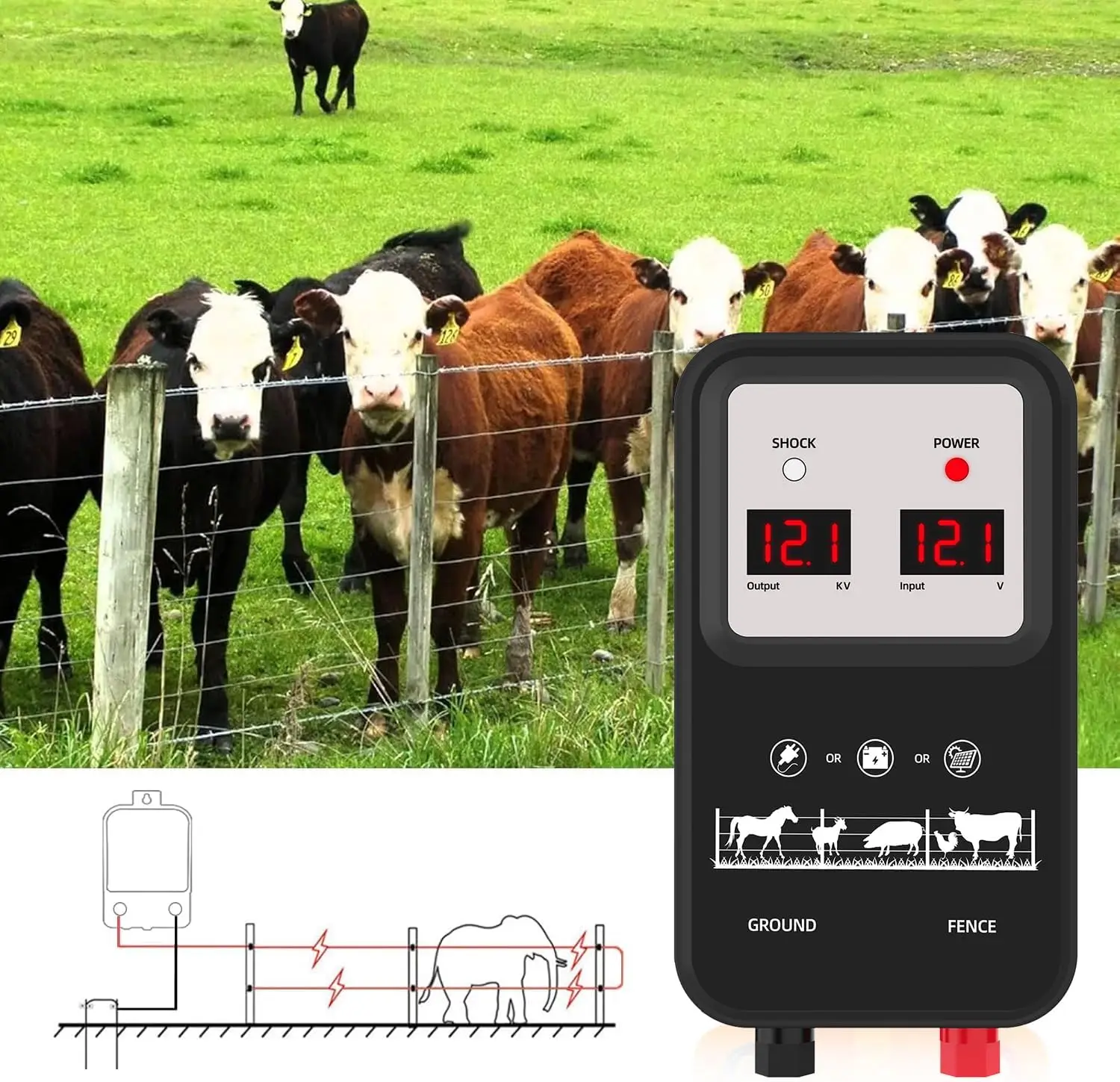 

15km Electric Fence Energizer with Clip Connector 12KV High Voltage Pulse Controller Farm Cattle Sheep Poultry Captive Security