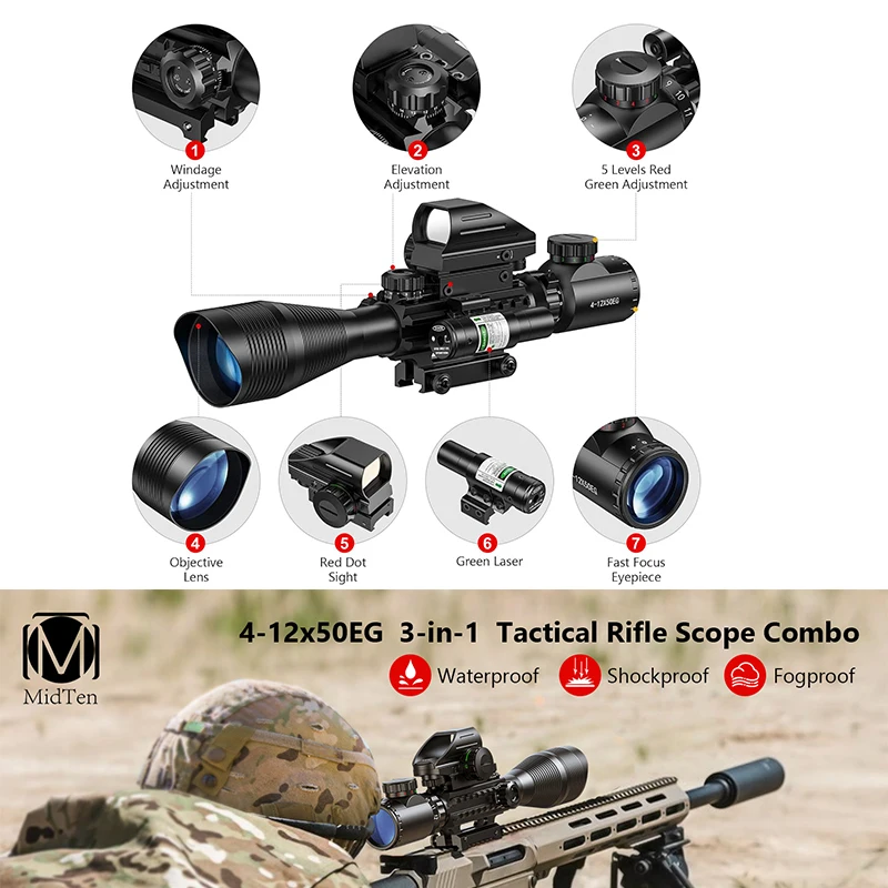 

MidTen 4-12x50EG Scope actical Rifle Riflescope Red Dot Sights Optics Green Laser Light Combo for 20mm Picatinny Rail for Huntin