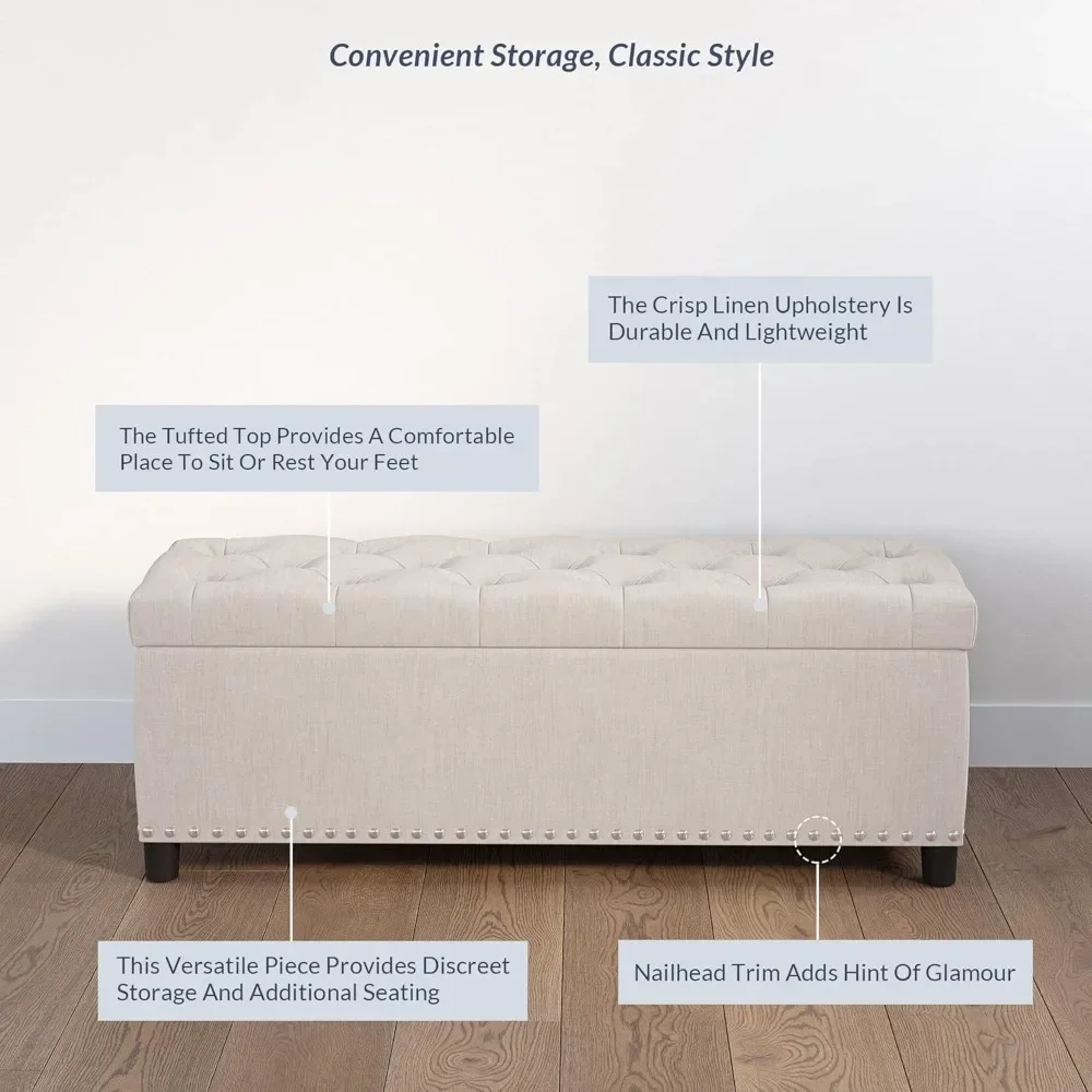 47 Inch Storage Ottoman, Button-Tufted Ottoman Linen Storage Bench with Safety Close Hinge, Ottoman with Storage for Living Room