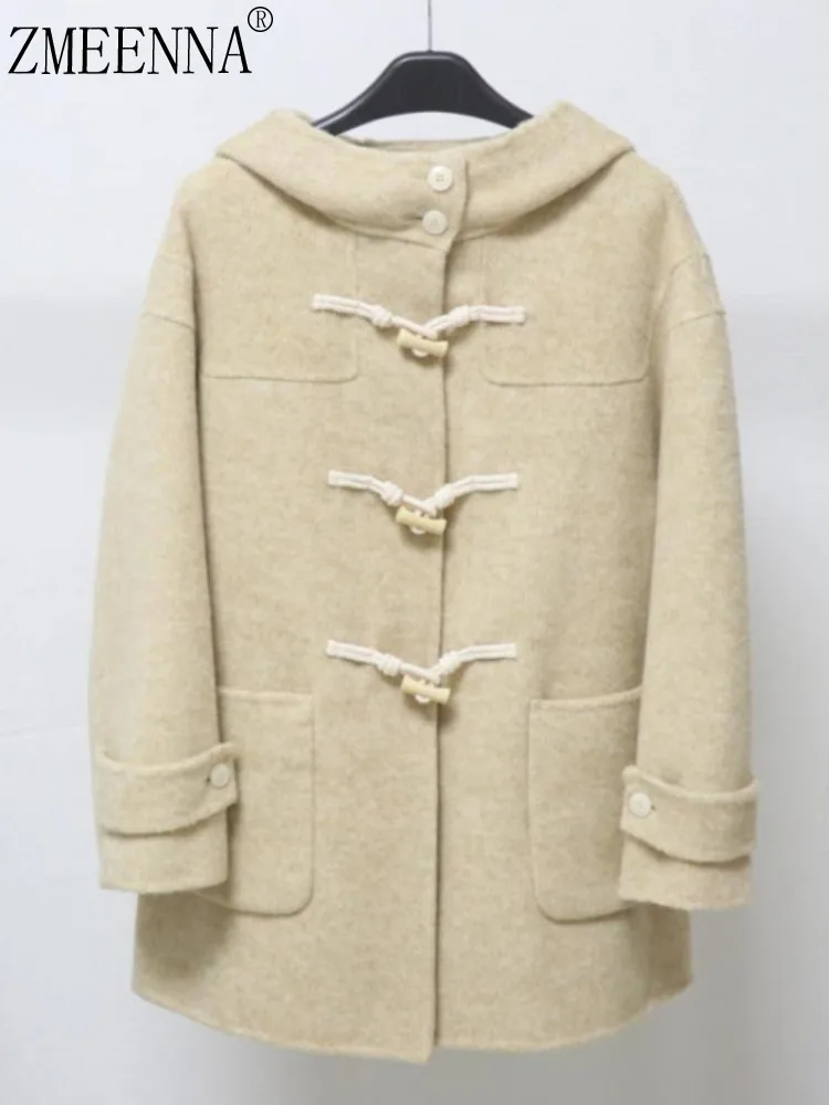 

ZMEENNA Women's Beige Wool Duffle Coat Hooded Toggle Buttons Patch Pockets Mid Length Winter Outerwear ZM4224