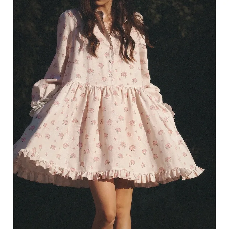

White Small Lilac Flowers Print Long Sleeve Pleat Mini Dress 2025
