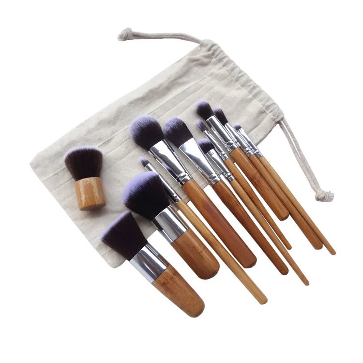 11-delige make-upborstels met natuurlijk bamboe handvat Hoge kwaliteit Foundation Blending Cosmetische make-up tool met katoenen tas voor dames