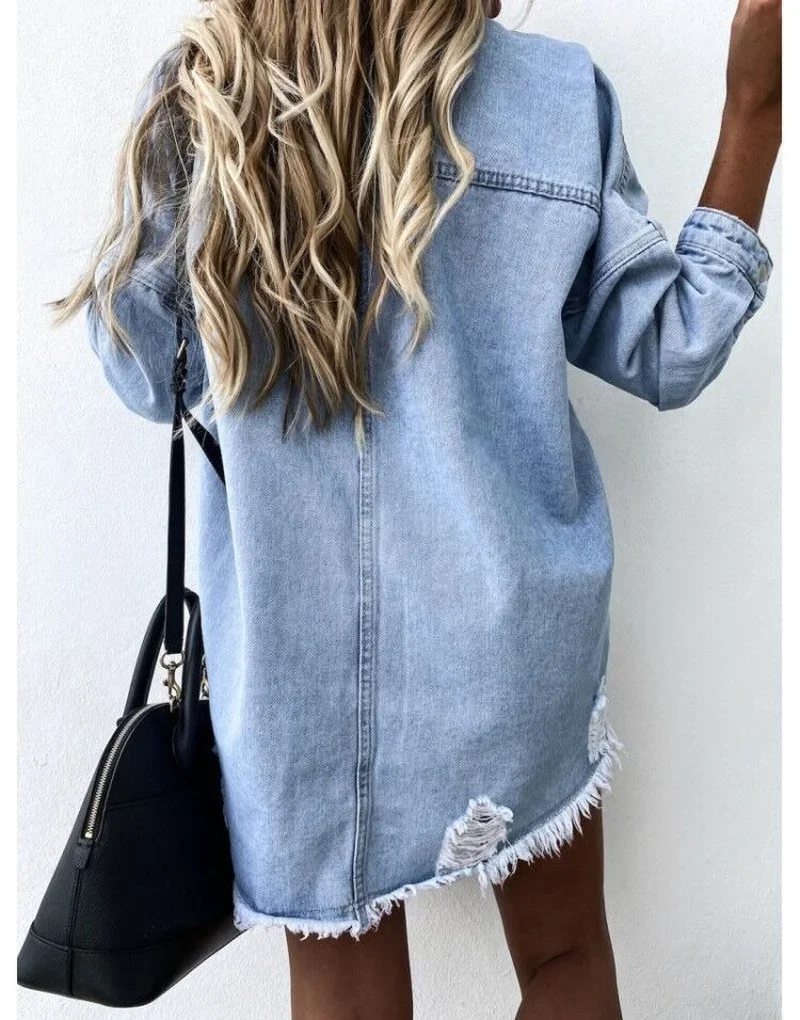 Retro Tassel Ripped Denim Jackets Women Fashion Lapel Mid-Length Jean Tops Spring Autumn Loose Casual Thin Single Breasted Coats