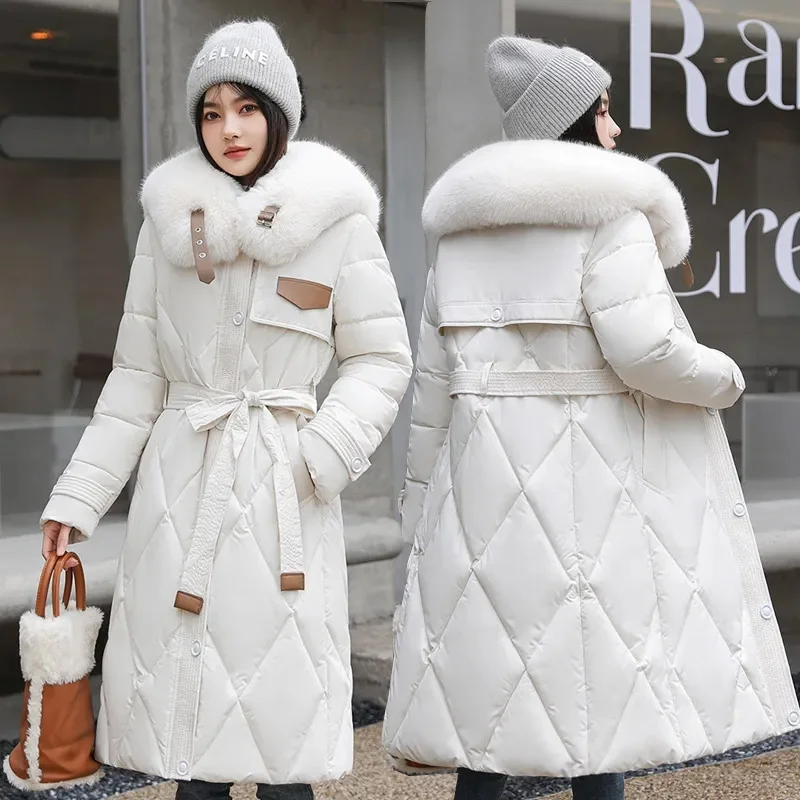 

2024 Winter New Korean Fashion Puffer Coat Jacket Loose Parkas Women Fur Stand Collar Down Jacket Long White Duck Parkas Outwear