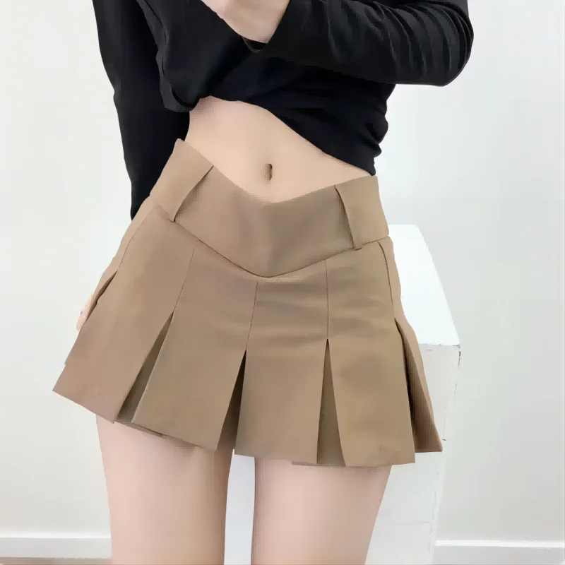2025 New Fabric Y2K Mini Skirt Women Low Waist Wide Pleat Light Grey Sexy Vintage A-line Pleated Skirt Casual Skort Summer