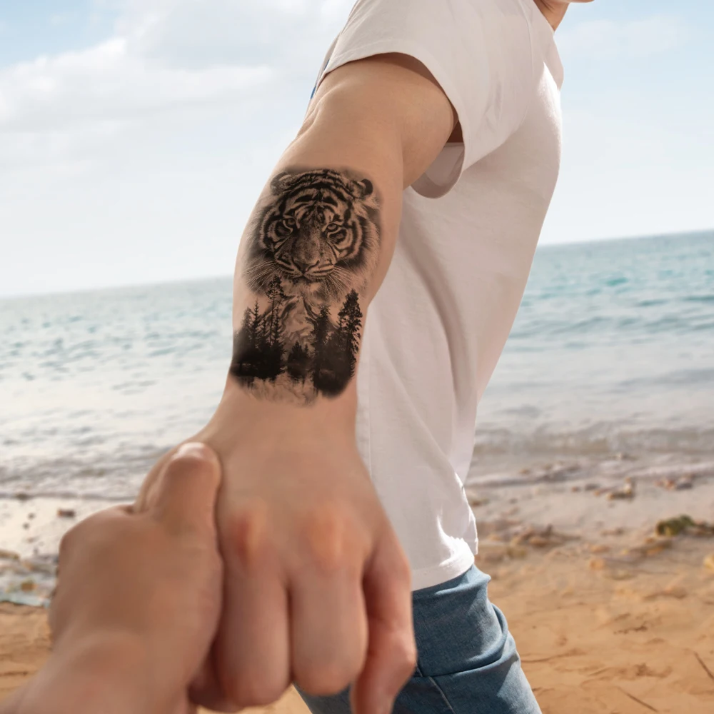 Waterproof Temporary Tattoo Sticker Black Forest Lion Tiger Flash Fake Tattoo Women Wolf Crown Body Art Arm Men,Cool Sexy Decals image 4