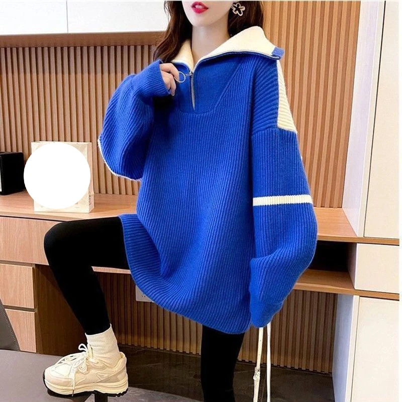

Fashion Turtleneck Spliced Zipper Casual Sweaters Female Clothing 2023 Autumn Winter Loose All-match Pullovers Korean Warm Tops