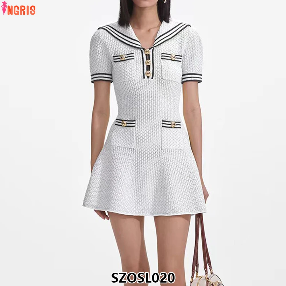 

2025 ladies retro sailor collar short sleeve striped casual wear summer knitted a line mini women's wear-SZOSL020